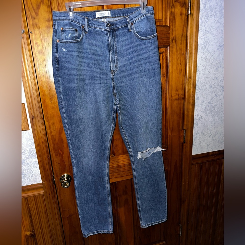 Abercrombie & Fitch Blue Straight Leg Jeans with Distressed Knee